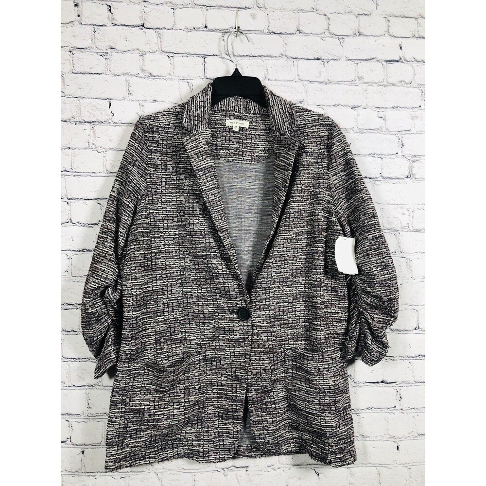 Max Studio Women Ruched 3/4 Sleeve Knit Tweed Blazer Jacket Gray Burgundy M